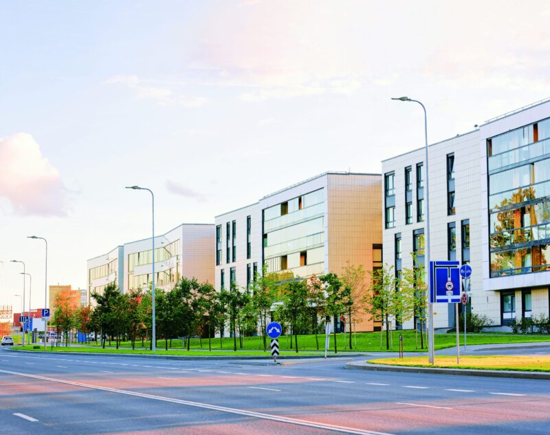 Modern apartment residential building complex with street